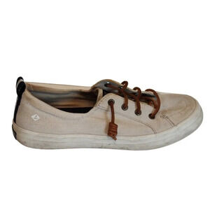 Sperry Top Sider Ivory Beige Sneakers Shoes Women Size 8.5 Leather Laces FLAWS